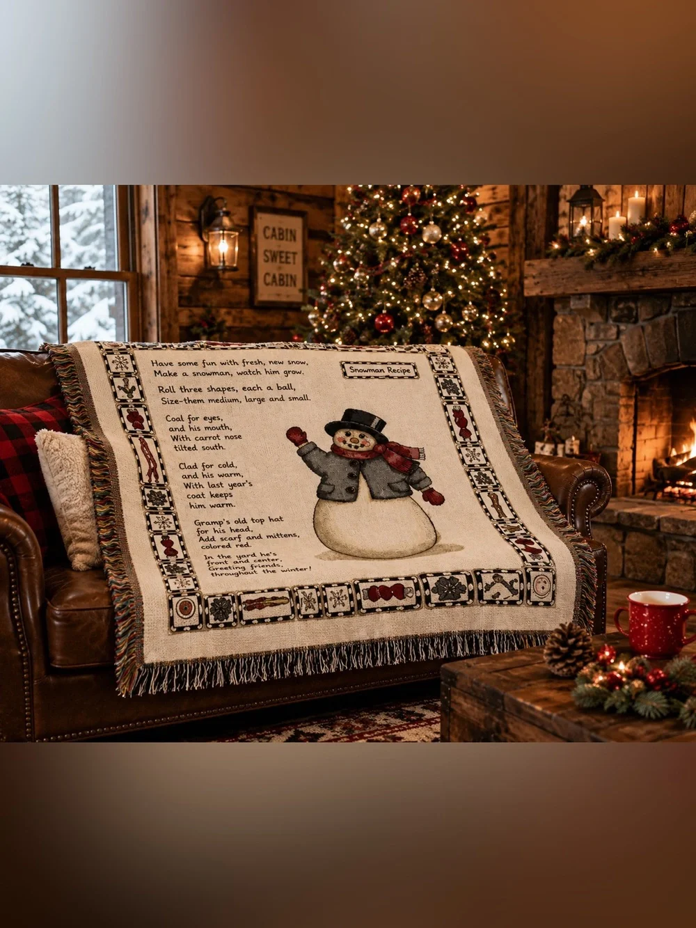 The Rug Barn Knit Jacquard Snowman Christmas Woven Throw Blanket Fringe 50x64